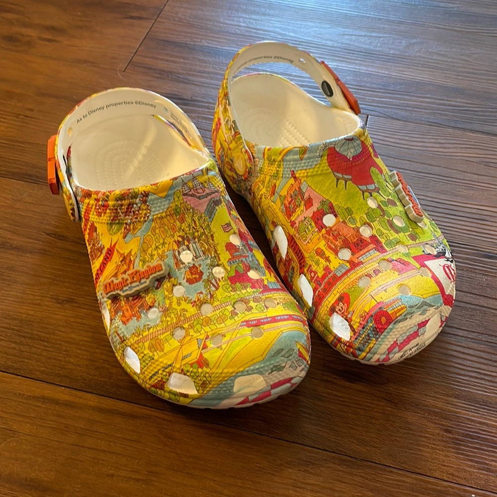 Retro Disney Magic Kingdom Park Map crocs, women size 8, good used condition